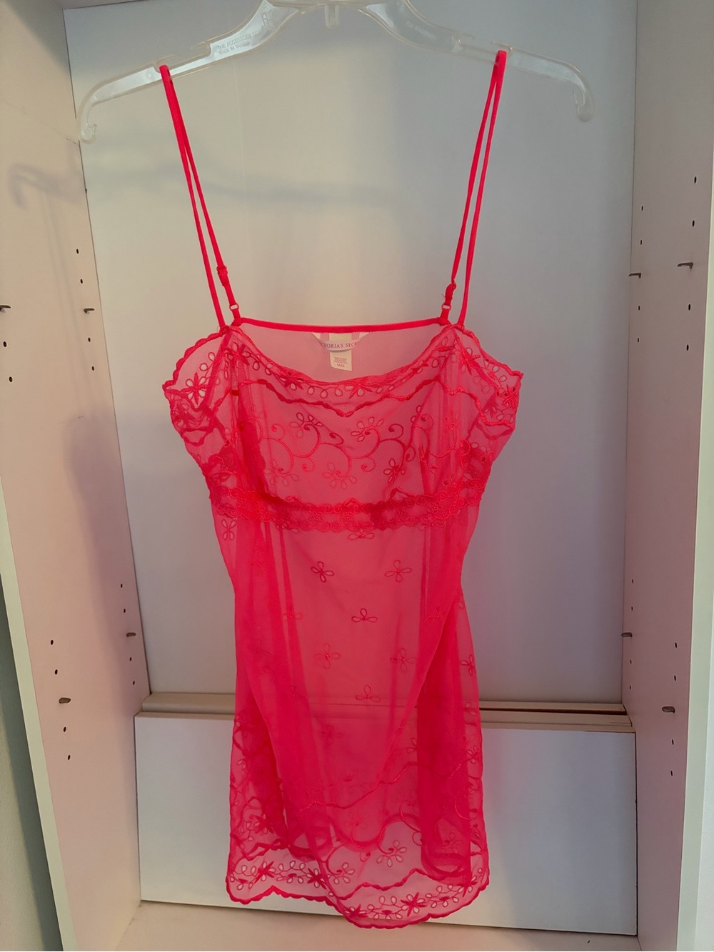 Victorias Secret Sheer Floral Lace Chemise Slip - Bright Pink